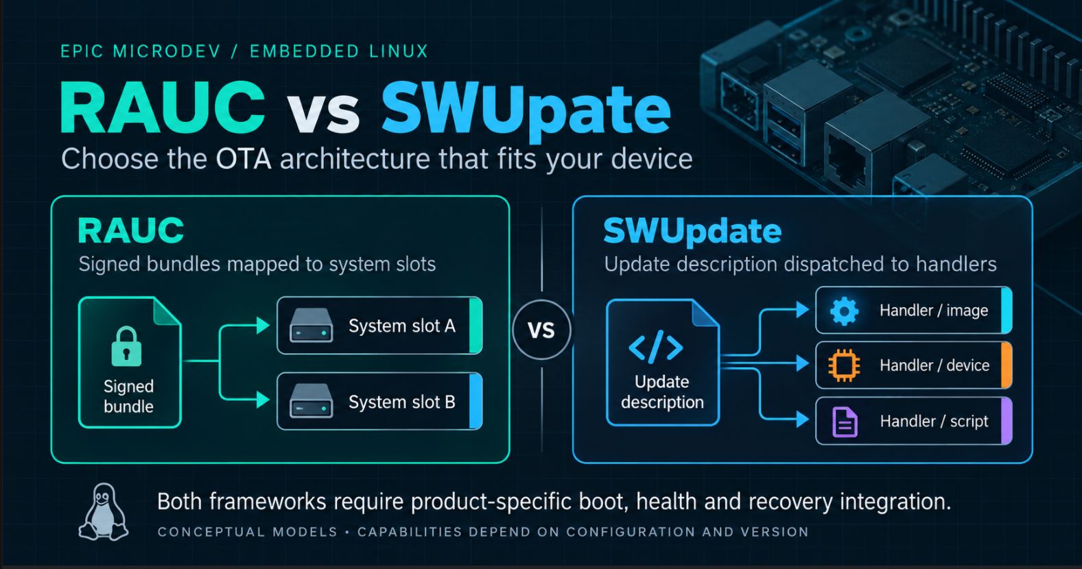 RAUC signed bundles mapped to system slots A and B beside SWUpdate descriptions dispatched to image, device and script handlers, with an embedded Linux board above.
