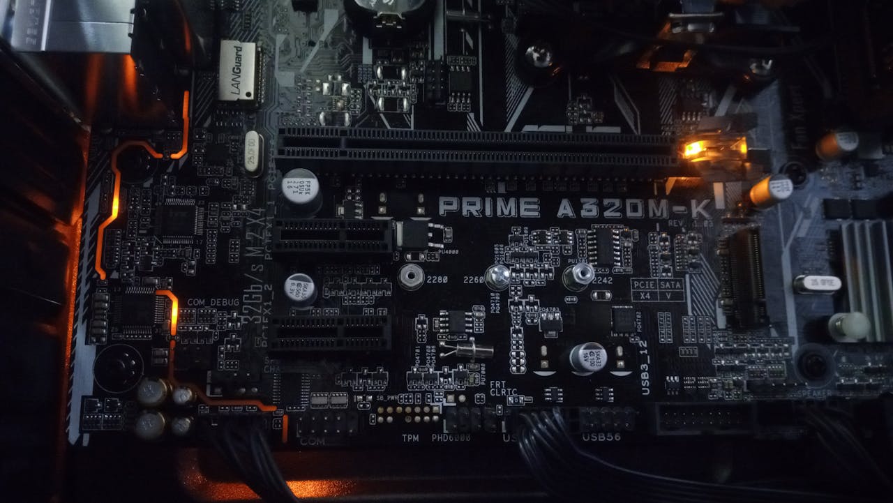 Detailed view of an electronic circuit board with integrated components and LED lights.